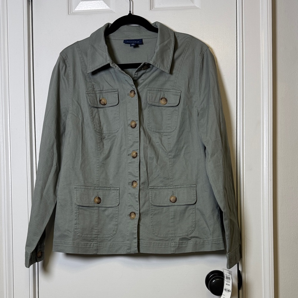 Charter Club Sage Green Utility Jacket Button Front Peplum Back Size M